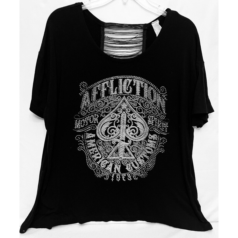 Affliction Womens Black Scoop Neck Short Sleeve Rhinestone Graphic Tee XL